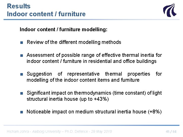 Results Indoor content / furniture modelling: ■ Review of the different modelling methods ■