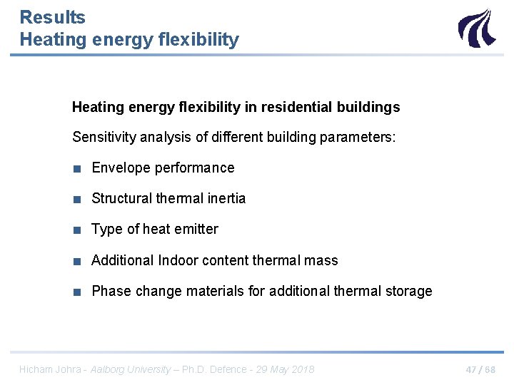 Results Heating energy flexibility in residential buildings Sensitivity analysis of different building parameters: ■