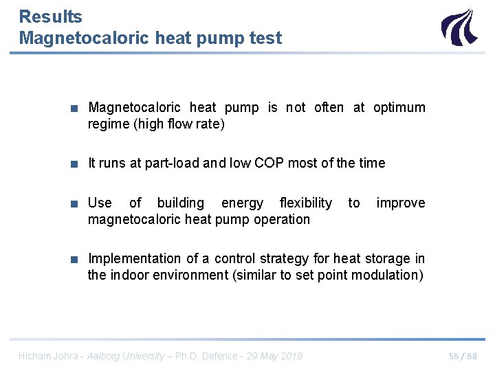Results Magnetocaloric heat pump test ■ Magnetocaloric heat pump is not often at optimum
