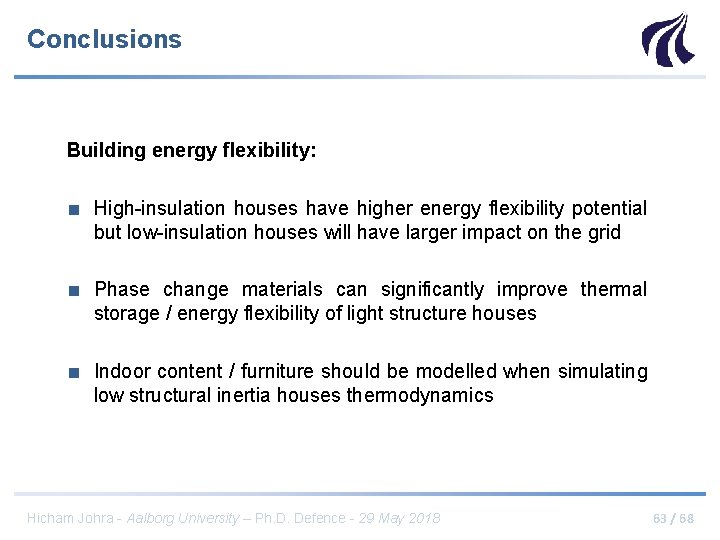 Conclusions Building energy flexibility: ■ High-insulation houses have higher energy flexibility potential but low-insulation
