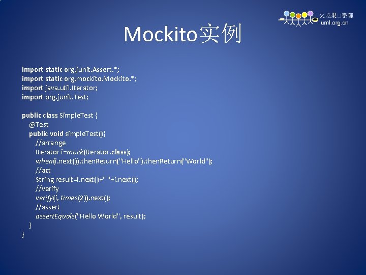 Mockito实例 import static org. junit. Assert. *; import static org. mockito. Mockito. *; import