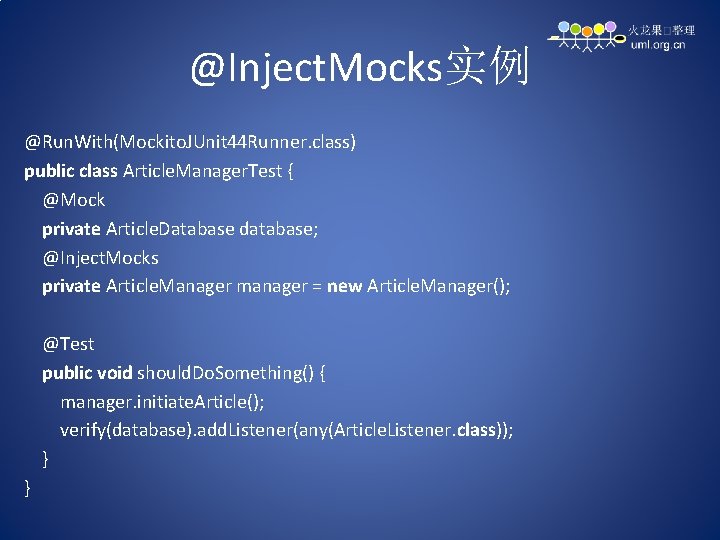 @Inject. Mocks实例 @Run. With(Mockito. JUnit 44 Runner. class) public class Article. Manager. Test {