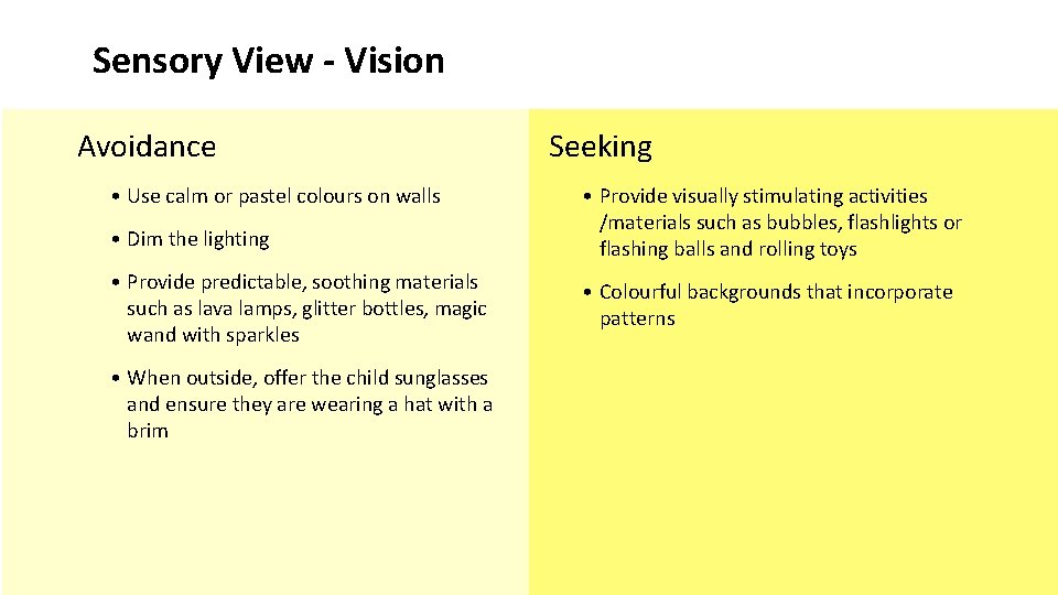 Sensory View - Vision Avoidance • Use calm or pastel colours on walls •