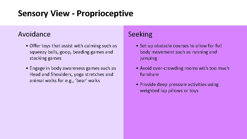 Sensory View - Proprioceptive Avoidance Seeking • Offer toys that assist with calming such