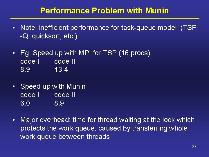 Performance Problem with Munin • Note: inefficient performance for task-queue model! (TSP -Q, quicksort,