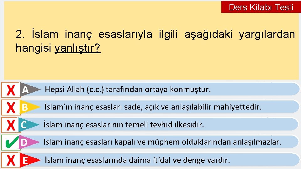 Ders Kitabı Testi 2. İslam inanç esaslarıyla ilgili aşağıdaki yargılardan hangisi yanlıştır? XA XB