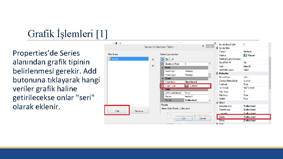 Grafik İşlemleri [1] Properties’de Series alanından grafik tipinin belirlenmesi gerekir. Add butonuna tıklayarak hangi