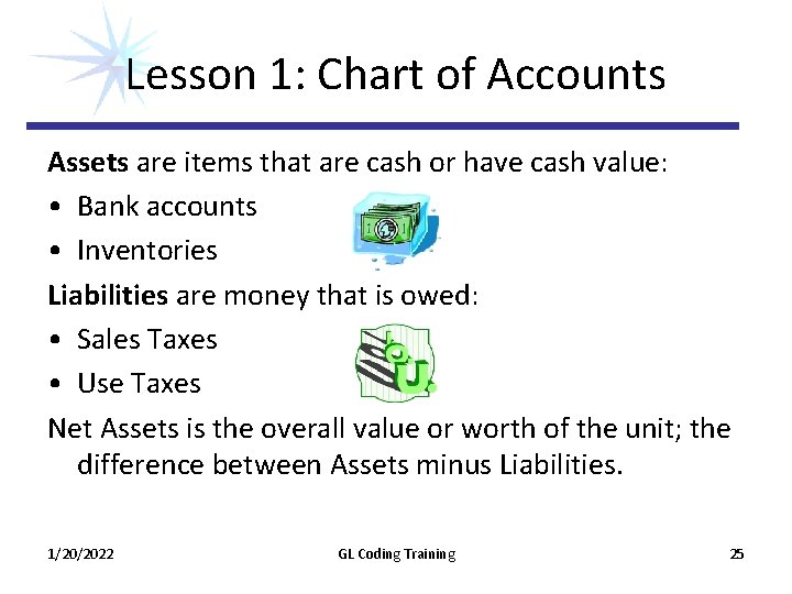 Lesson 1: Chart of Accounts Assets are items that are cash or have cash Lesson 1: Chart of Accounts Assets are items that are cash or have cash