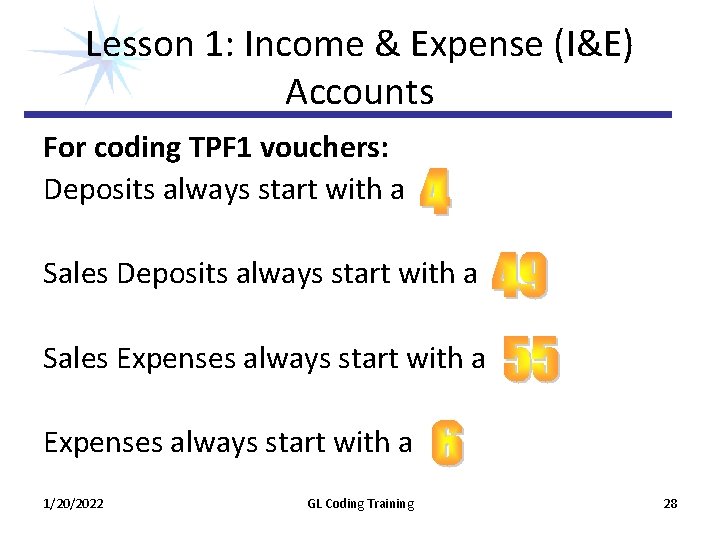 Lesson 1: Income & Expense (I&E) Accounts For coding TPF 1 vouchers: Deposits always Lesson 1: Income & Expense (I&E) Accounts For coding TPF 1 vouchers: Deposits always