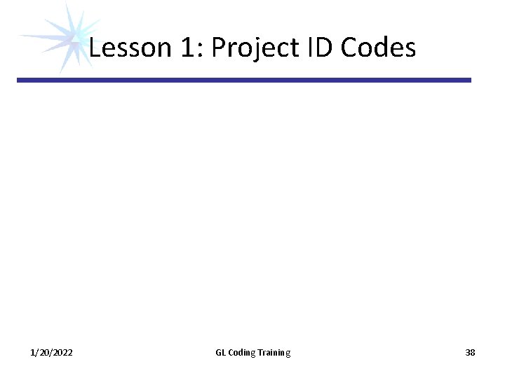 Lesson 1: Project ID Codes 1/20/2022 GL Coding Training 38 Lesson 1: Project ID Codes 1/20/2022 GL Coding Training 38