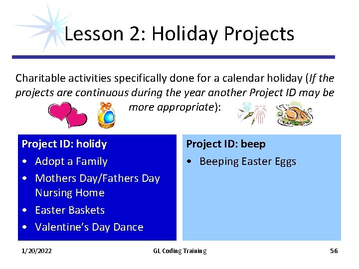 Lesson 2: Holiday Projects Charitable activities specifically done for a calendar holiday (If the Lesson 2: Holiday Projects Charitable activities specifically done for a calendar holiday (If the