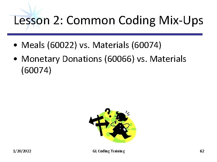 Lesson 2: Common Coding Mix‐Ups • Meals (60022) vs. Materials (60074) • Monetary Donations Lesson 2: Common Coding Mix‐Ups • Meals (60022) vs. Materials (60074) • Monetary Donations