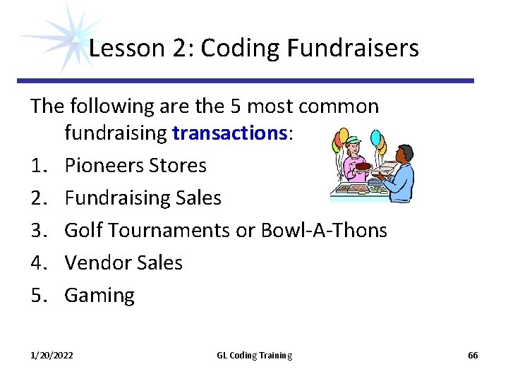 Lesson 2: Coding Fundraisers The following are the 5 most common fundraising transactions: 1. Lesson 2: Coding Fundraisers The following are the 5 most common fundraising transactions: 1.