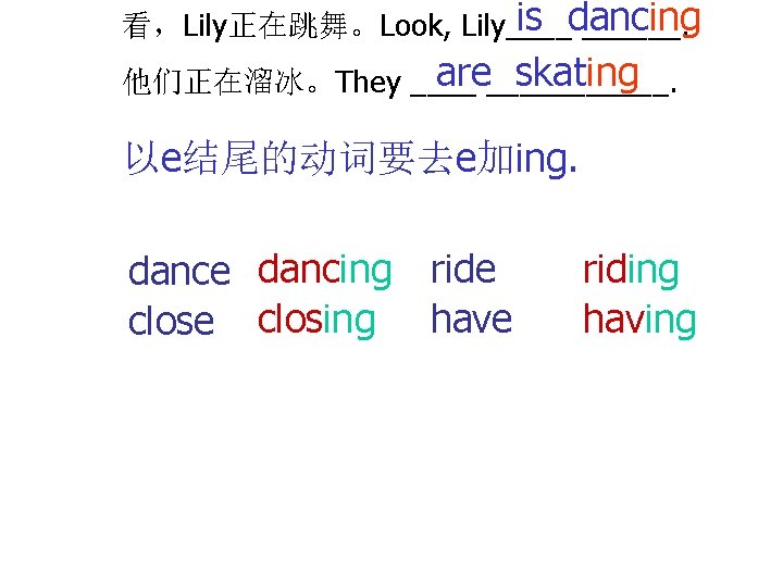 is dancing 看，Lily正在跳舞。Look, Lily______. are______. skating 他们正在溜冰。They ____ 以e结尾的动词要去e加ing. dance dancing ride closing have