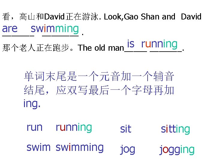 看，高山和David正在游泳. Look, Gao Shan and David are _______swimming ____. is running 那个老人正在跑步。The old man_______.