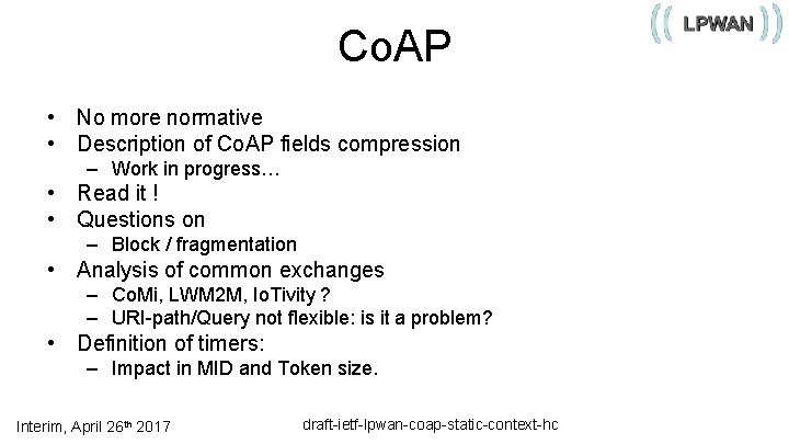 Co. AP • No more normative • Description of Co. AP fields compression –