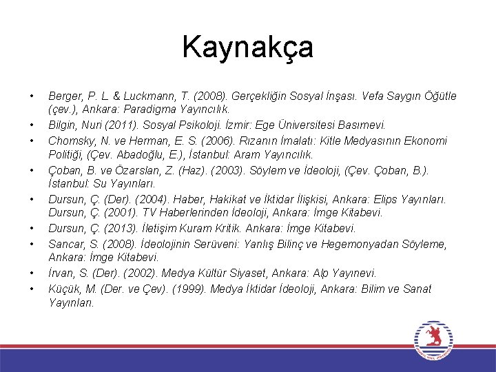 Kaynakça • • • Berger, P. L. & Luckmann, T. (2008). Gerçekliğin Sosyal İnşası.