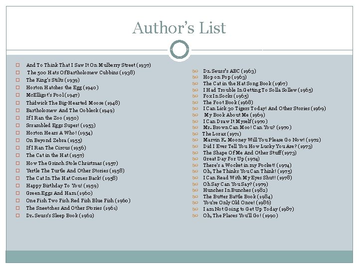 Author’s List � � � � � � And To Think That I Saw