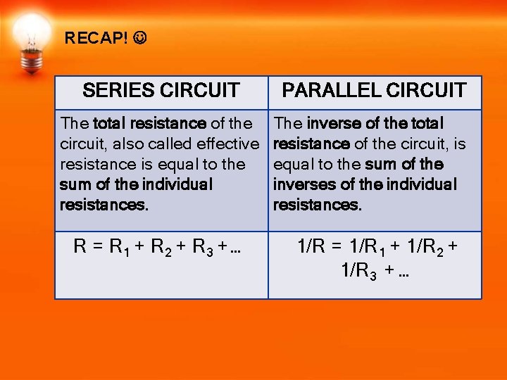 RECAP! SERIES CIRCUIT PARALLEL CIRCUIT The total resistance of the circuit, also called effective