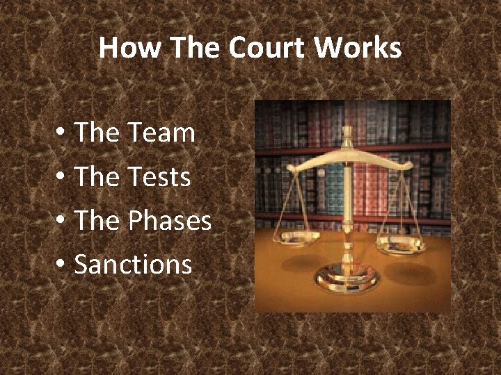 How The Court Works • The Team • The Tests • The Phases •