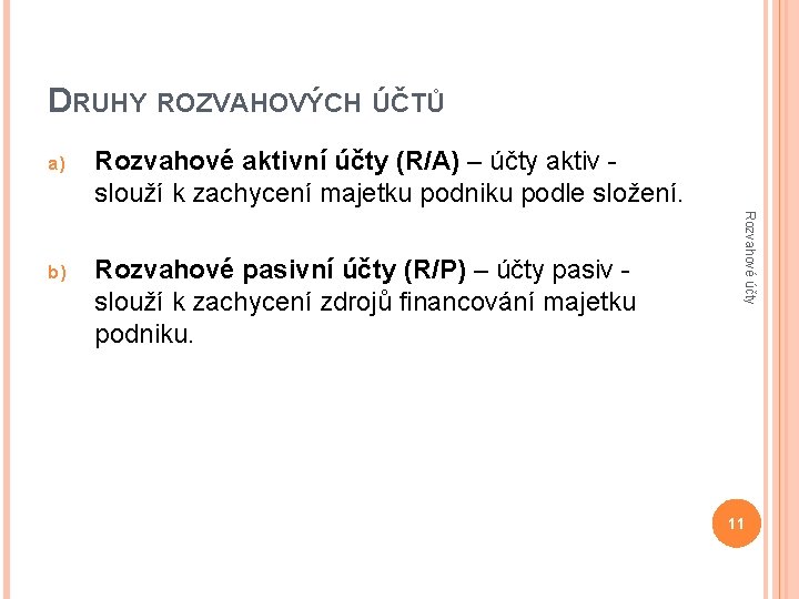 DRUHY ROZVAHOVÝCH ÚČTŮ Rozvahové aktivní účty (R/A) – účty aktiv slouží k zachycení majetku