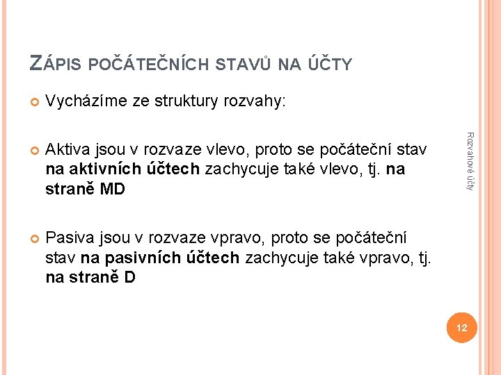 ZÁPIS POČÁTEČNÍCH STAVŮ NA ÚČTY Vycházíme ze struktury rozvahy: Aktiva jsou v rozvaze vlevo,