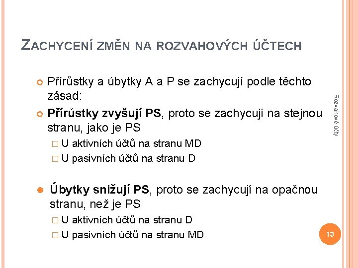 ZACHYCENÍ ZMĚN NA ROZVAHOVÝCH ÚČTECH Přírůstky a úbytky A a P se zachycují podle