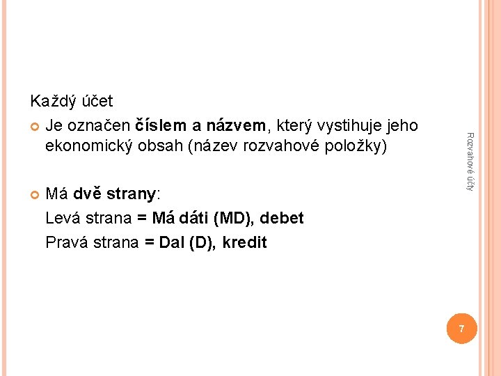  Rozvahové účty Každý účet Je označen číslem a názvem, který vystihuje jeho ekonomický
