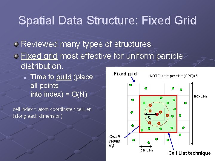 Spatial Data Structure: Fixed Grid Reviewed many types of structures. Fixed grid most effective Spatial Data Structure: Fixed Grid Reviewed many types of structures. Fixed grid most effective