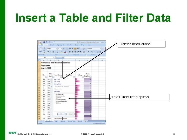 Insert a Table and Filter Data Sorting instructions Text Filters list displays with Microsoft