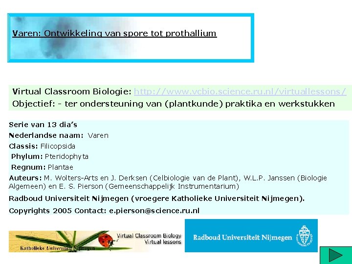 Varen: Ontwikkeling van spore tot prothallium Virtual Classroom Biologie: http: //www. vcbio. science. ru.
