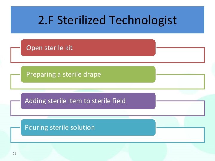 2. F Sterilized Technologist Open sterile kit Preparing a sterile drape Adding sterile item