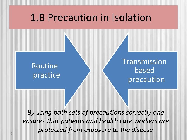 1. B Precaution in Isolation Routine practice 7 Transmission based precaution By using both