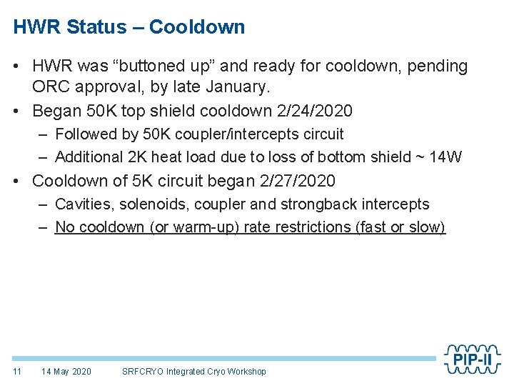 HWR Status – Cooldown • HWR was “buttoned up” and ready for cooldown, pending
