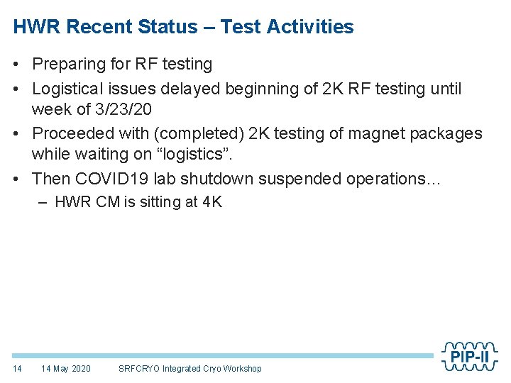 HWR Recent Status – Test Activities • Preparing for RF testing • Logistical issues