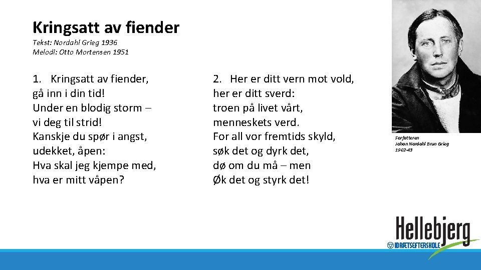 Kringsatt av fiender Tekst: Nordahl Grieg 1936 Melodi: Otto Mortensen 1951 1. Kringsatt av