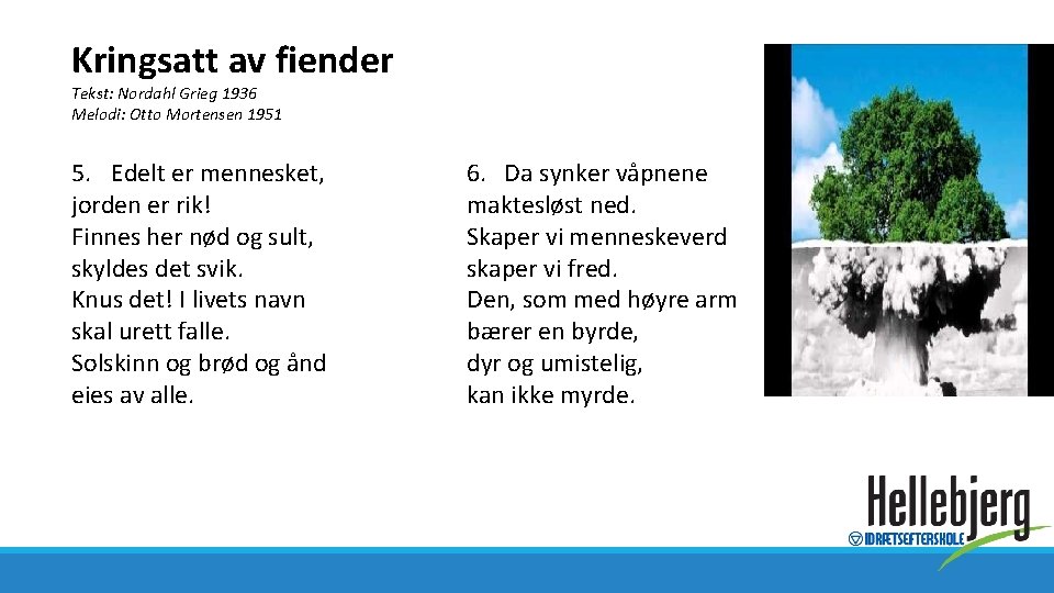 Kringsatt av fiender Tekst: Nordahl Grieg 1936 Melodi: Otto Mortensen 1951 5. Edelt er