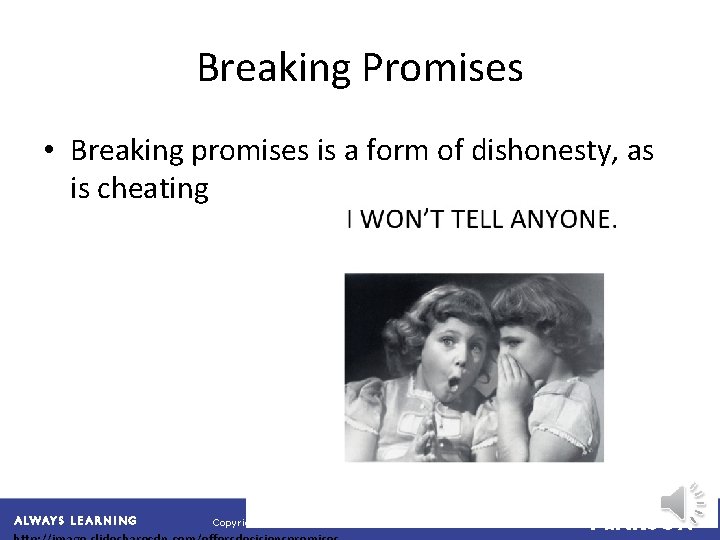 Breaking Promises • Breaking promises is a form of dishonesty, as is cheating Copyright