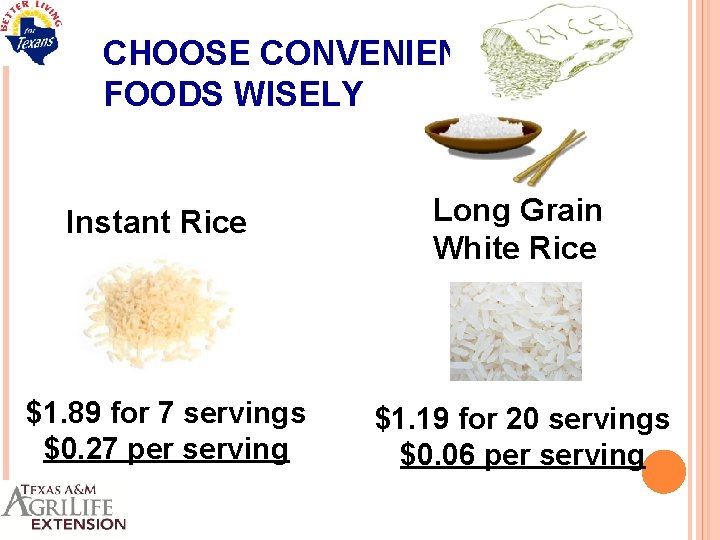 CHOOSE CONVENIENCE FOODS WISELY Instant Rice $1. 89 for 7 servings $0. 27 per