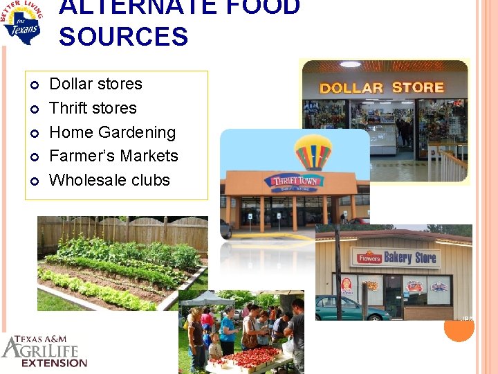 ALTERNATE FOOD SOURCES Dollar stores Thrift stores Home Gardening Farmer’s Markets Wholesale clubs 
