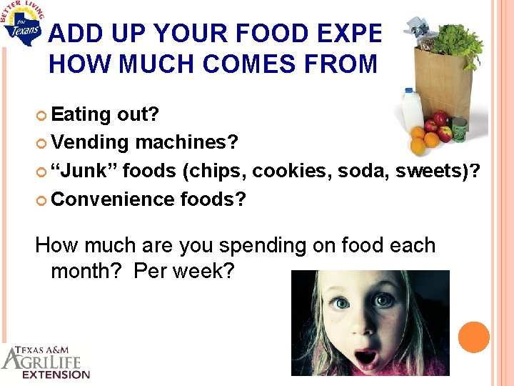 ADD UP YOUR FOOD EXPENSES: HOW MUCH COMES FROM: Eating out? Vending machines? “Junk”