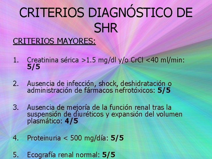 CRITERIOS DIAGNÓSTICO DE SHR CRITERIOS MAYORES: 1. Creatinina sérica >1. 5 mg/dl y/o Cr.