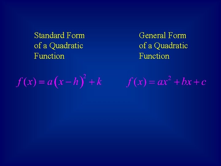 Standard Form of a Quadratic Function General Form of a Quadratic Function 