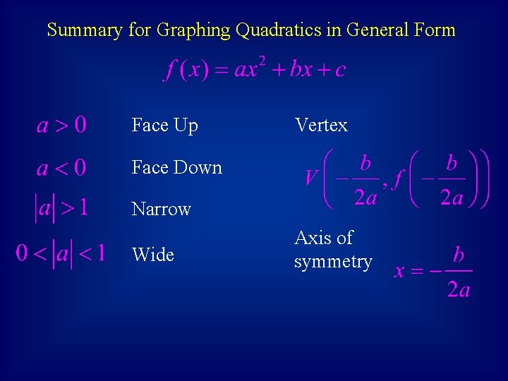 Summary for Graphing Quadratics in General Form Face Up Vertex Face Down Narrow Wide