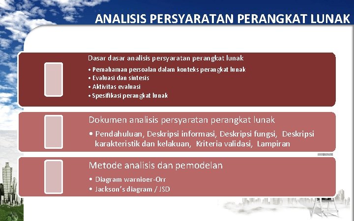 ANALISIS PERSYARATAN PERANGKAT LUNAK Dasar dasar analisis persyaratan perangkat lunak • Pemahaman persoalan dalam