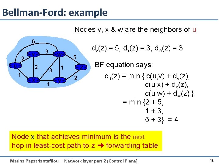 Bellman-Ford: example Nodes v, x & w are the neighbors of u 5 2