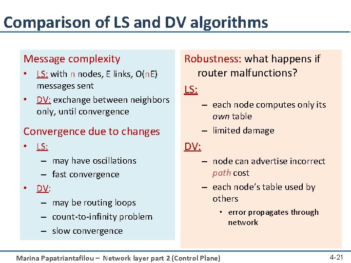 Comparison of LS and DV algorithms Message complexity • LS: with n nodes, E