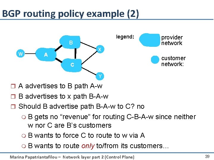 BGP routing policy example (2) legend: B W provider network X A customer network: