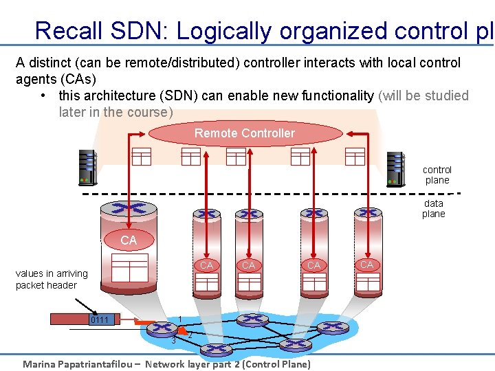 Recall SDN: Logically organized control pl A distinct (can be remote/distributed) controller interacts with