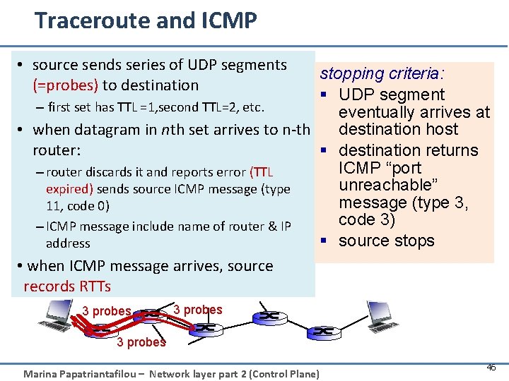 Traceroute and ICMP • source sends series of UDP segments (=probes) to destination stopping